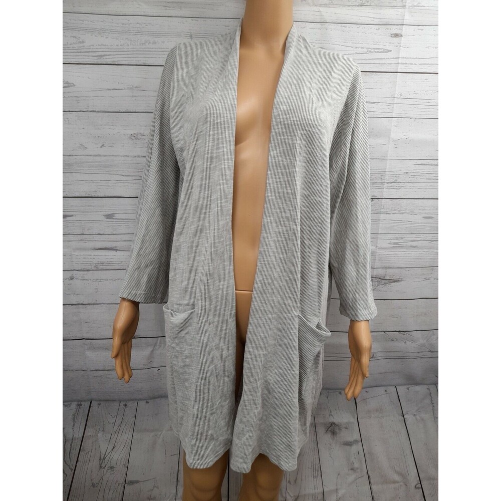 Donni 3/4 Sleeve Open Cardigan White Grey Stripe Pockets one size plus